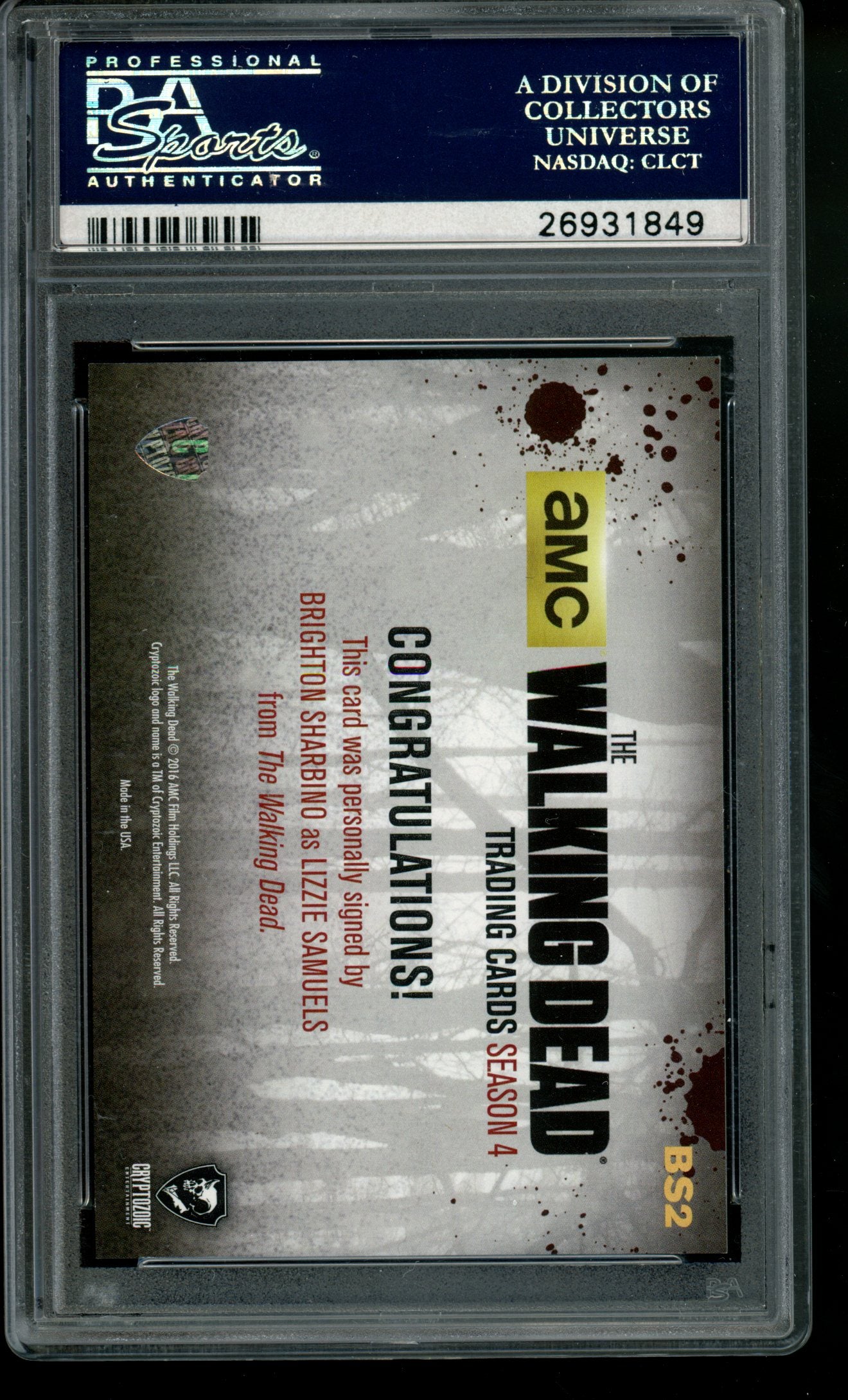 2016 The Walking Dead S4 Autograph Brighton Sharbino Lizzie Auto PSA 10