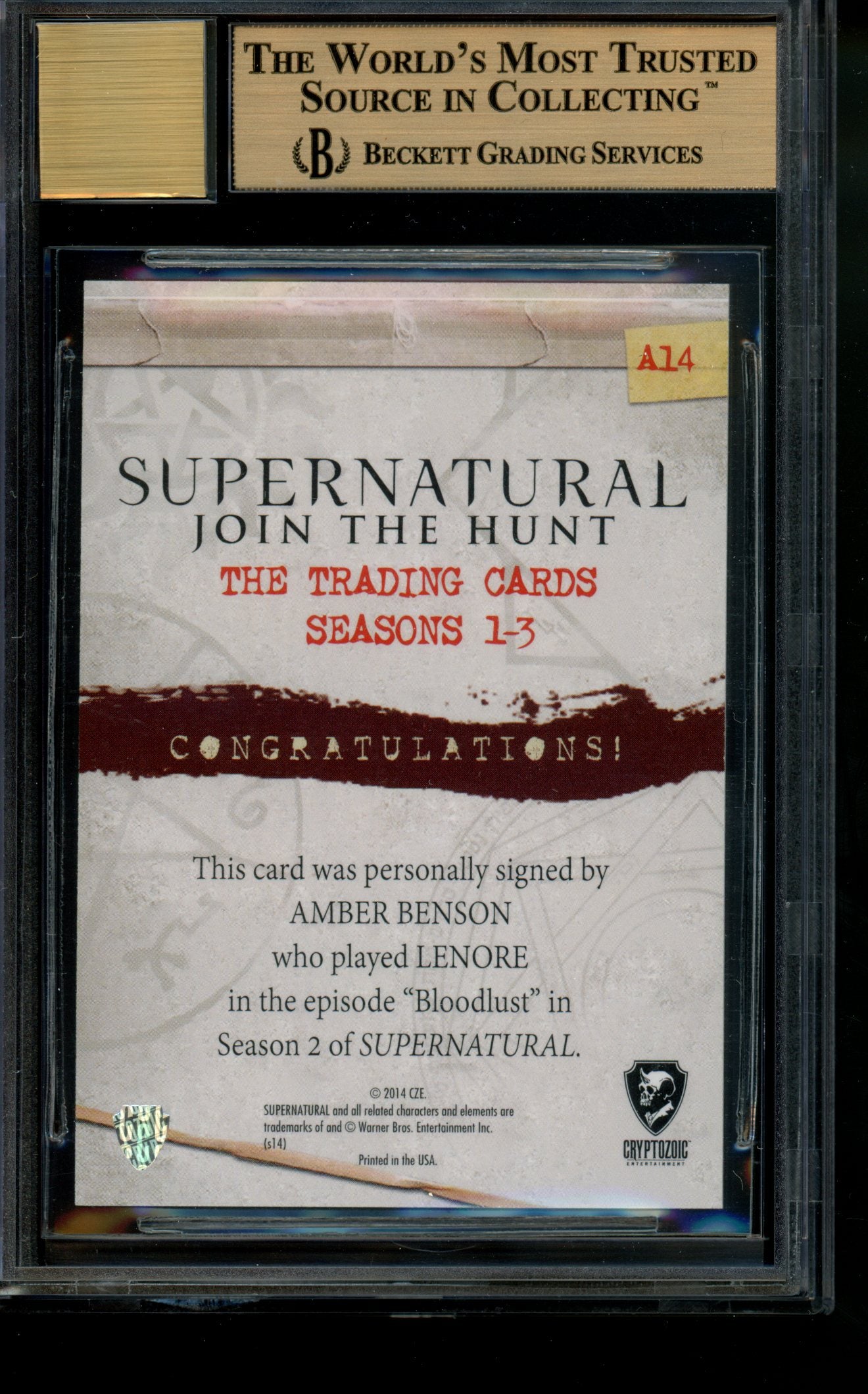 2014 Supernatural S1-3 Autograph Amber Benson Lenore Auto BGS 9.5/10 Gem Mint