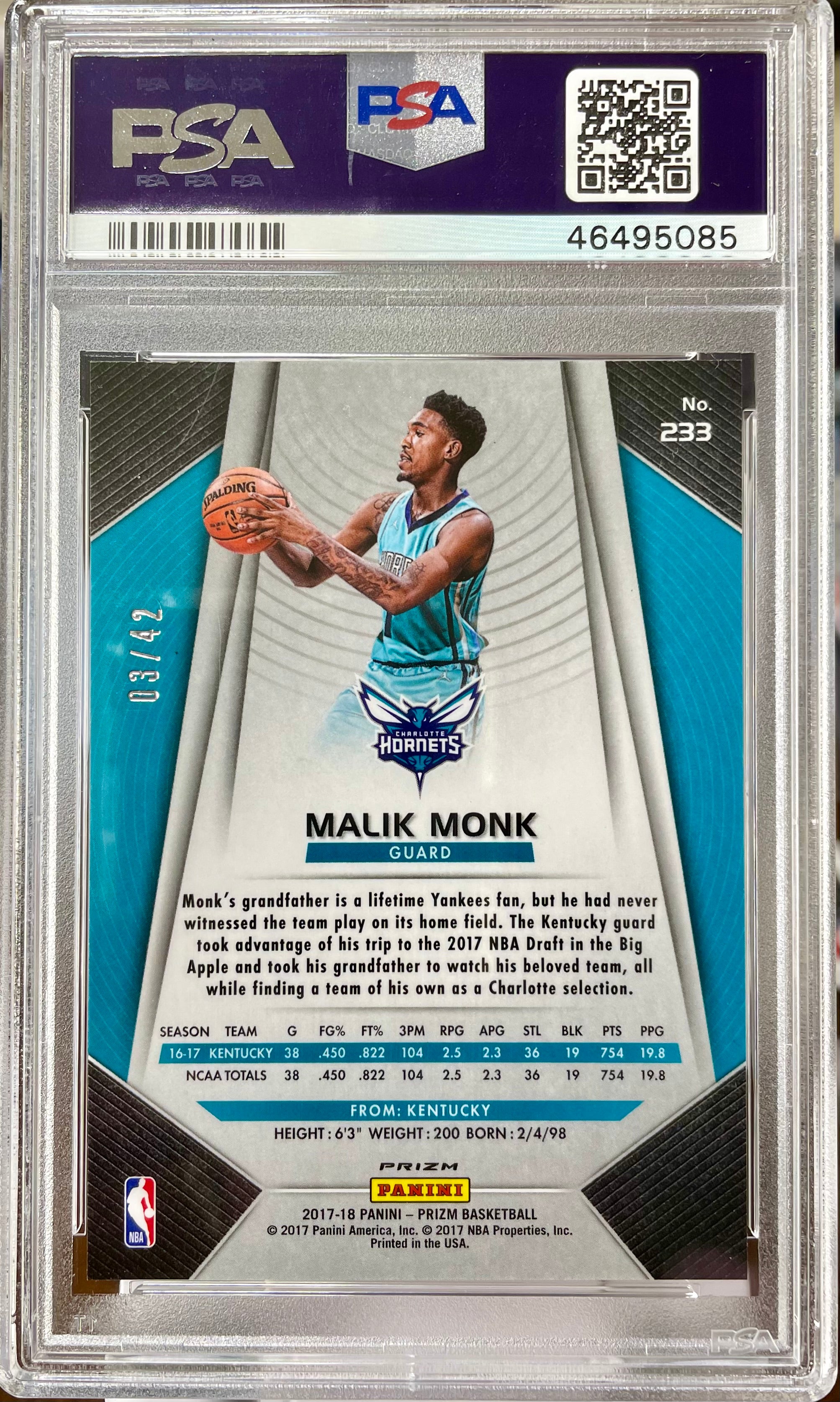 2017 Panini Prizm Malik Monk #233 Rookie PSA 10 Pink Pulsar #/43 Kings RC