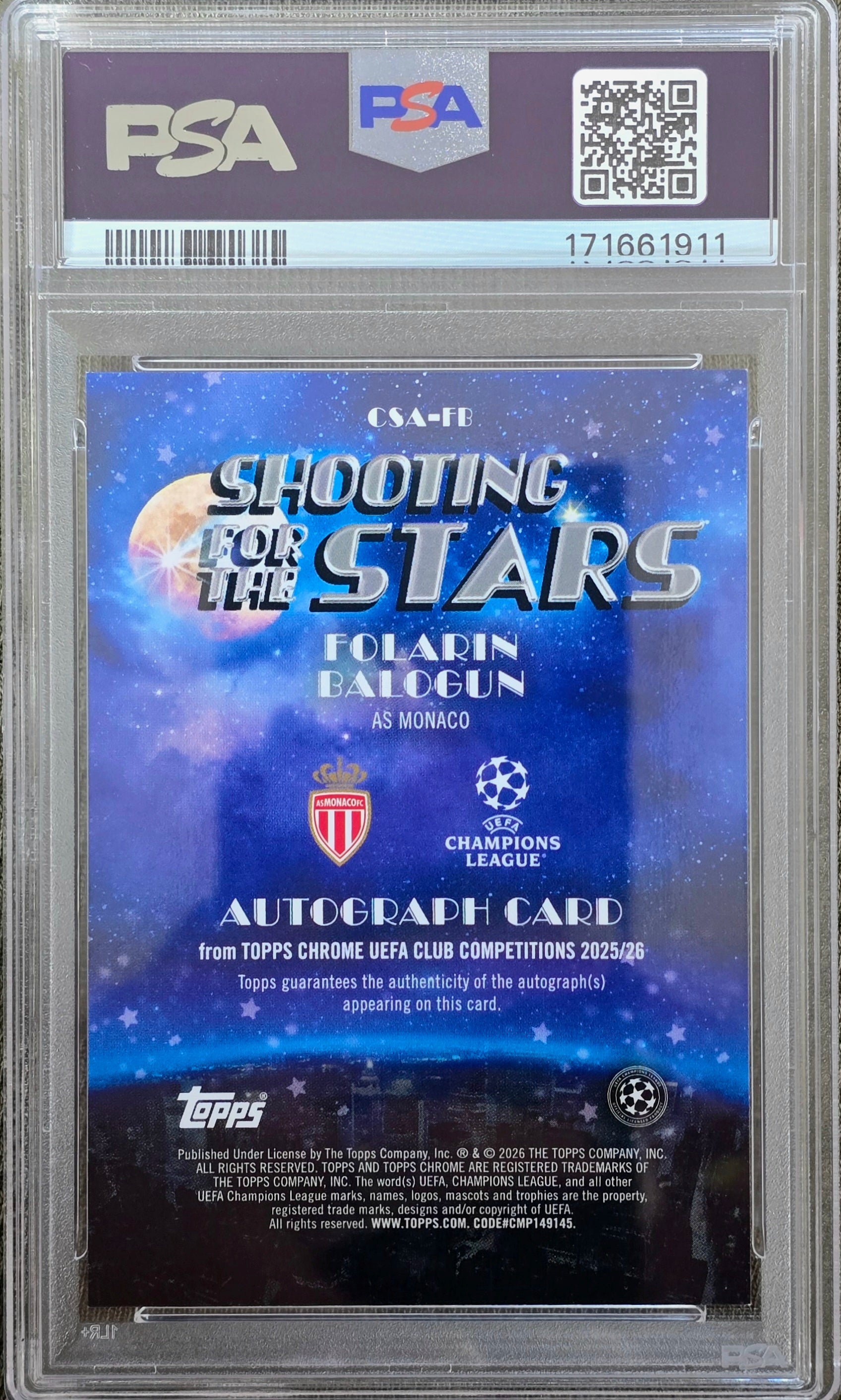 2025 Topps Chrome Fanatics Shooting Stars Auto Folarin Balogun Red Ref /5 PSA 10