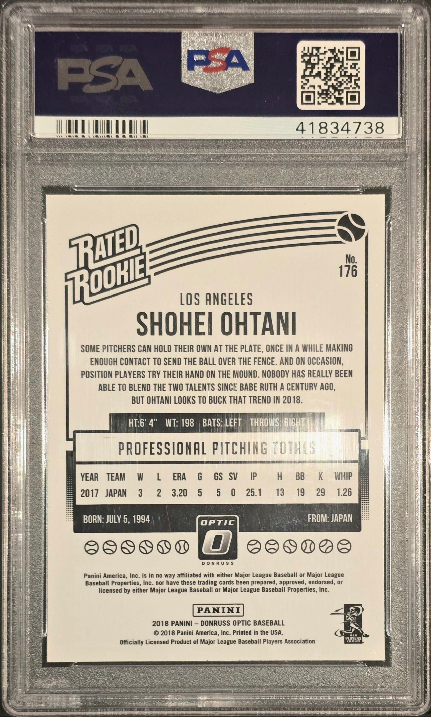 2018 Panini Donruss Optic Shohei Ohtani #176 Rookie RC Pitching PSA 10