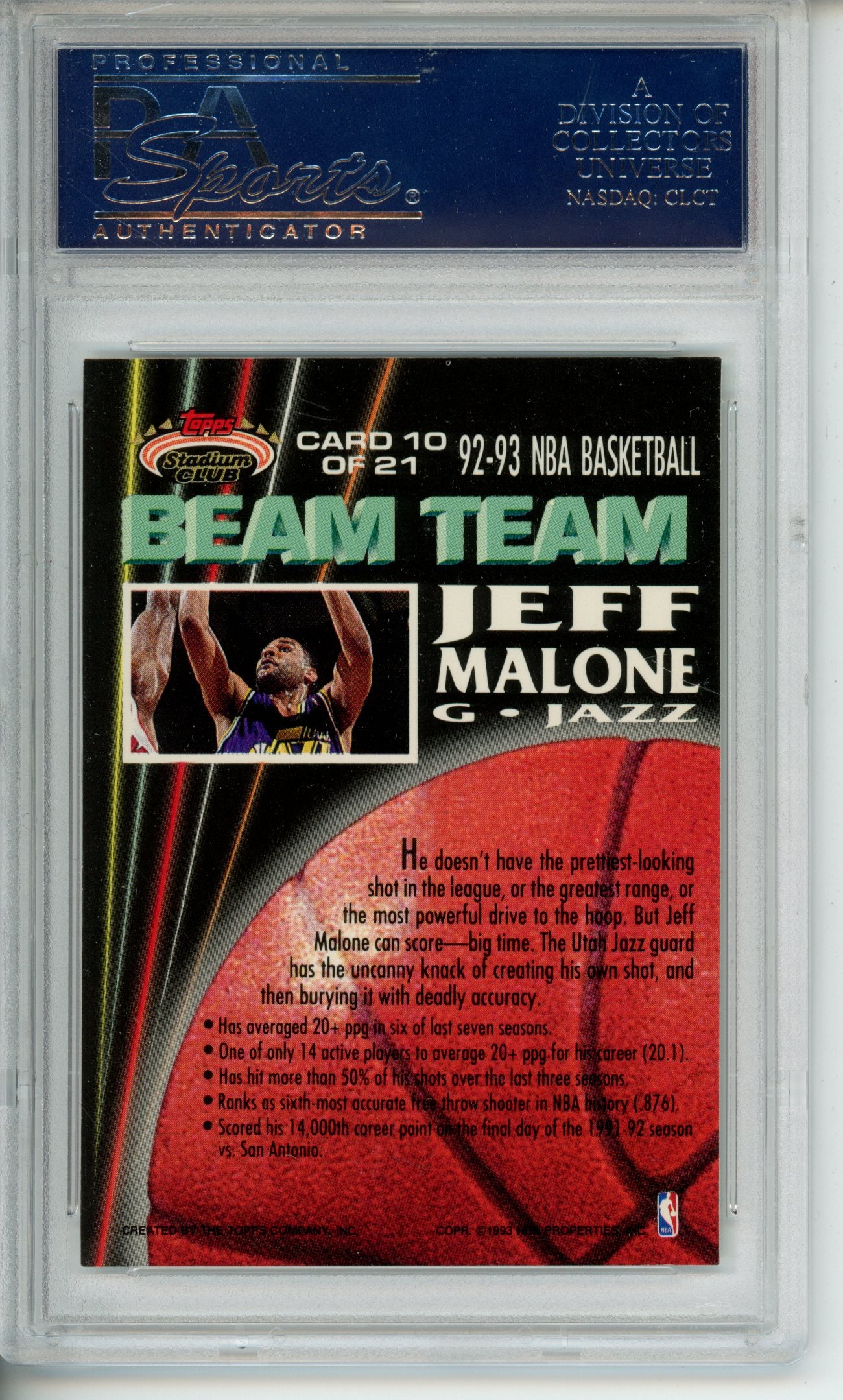 1992-93 Stadium Club Jeff Malone #10 Beam Team PSA 10 Gem Utah Jazz