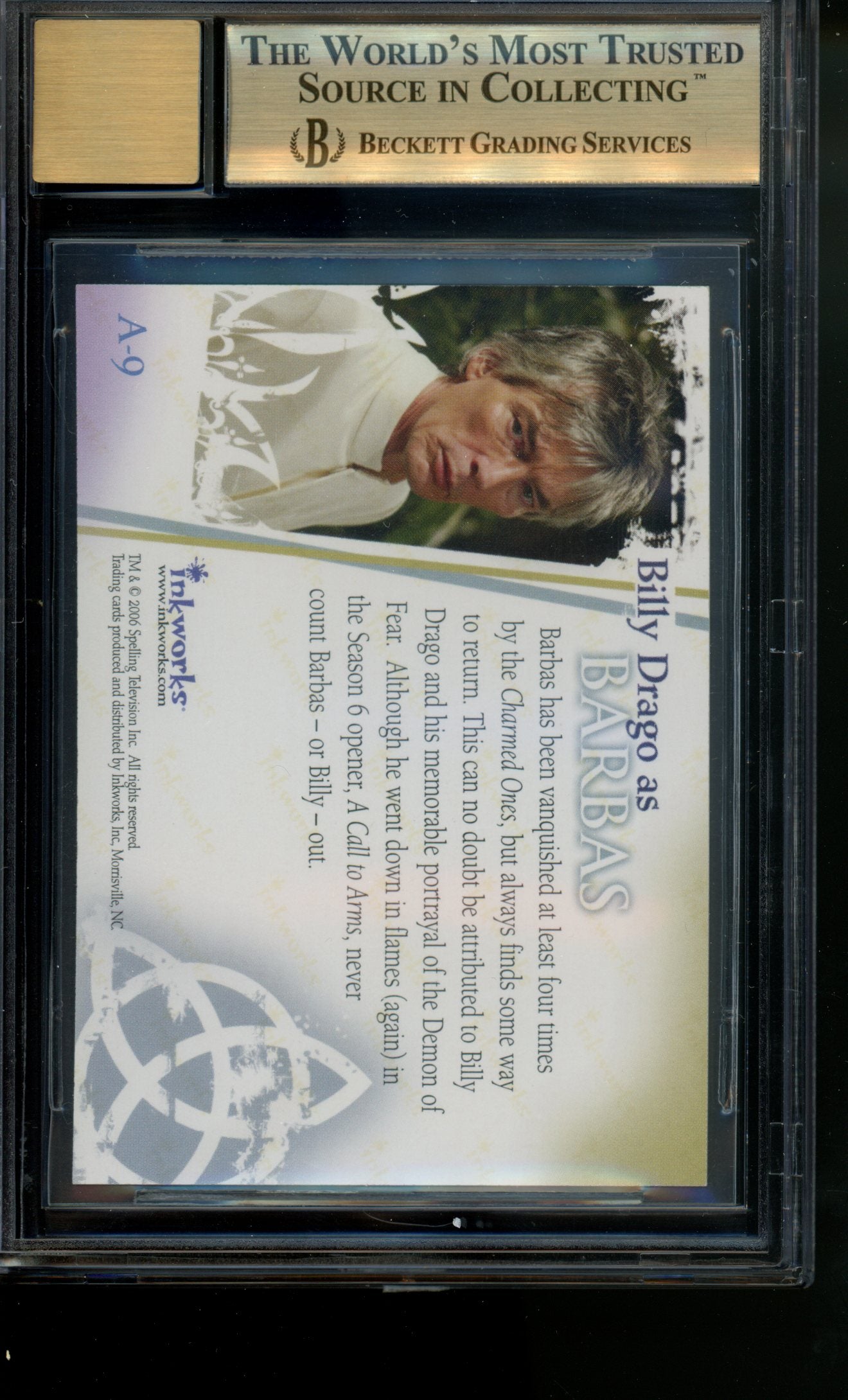 2006 Charmed Destiny Autograph Billy Drago /Barbas Inscription Auto BGS 9.5/10