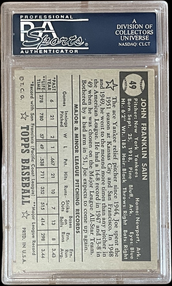 1952 Topps Johnny Sain #49 Joe Page Bio Black Back PSA 4.5 Yankees