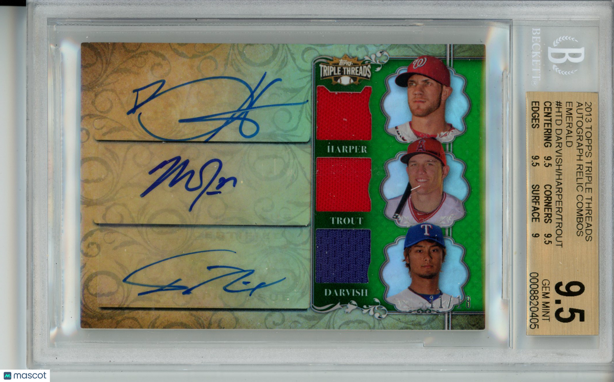 2013 Triple Threads Trout Harper Darvish Triple Relic Auto Emerald 11/18 BGS 9.5