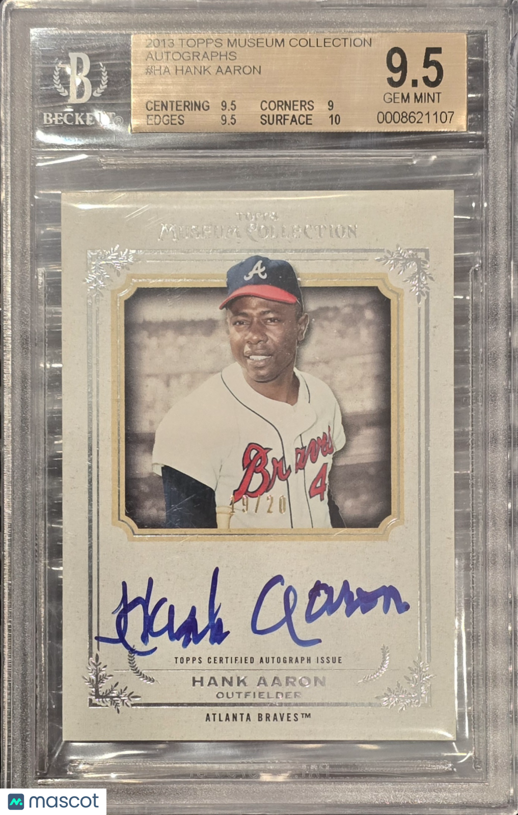 2013 Topps Museum Coll On Card Autograph Hank Aaron EXCH #/20 BGS 9.5 Auto 10
