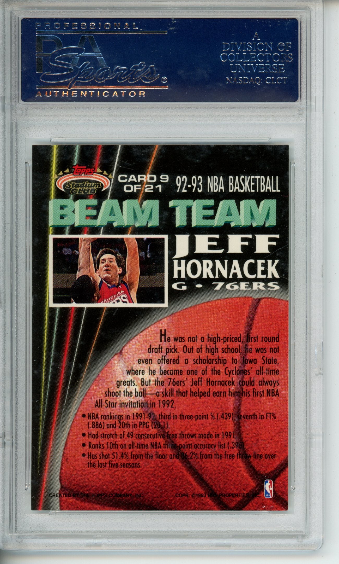 1992-93 Stadium Club Jeff Hornacek #9 Beam Team PSA 10 Gem Philadelphia 76ers