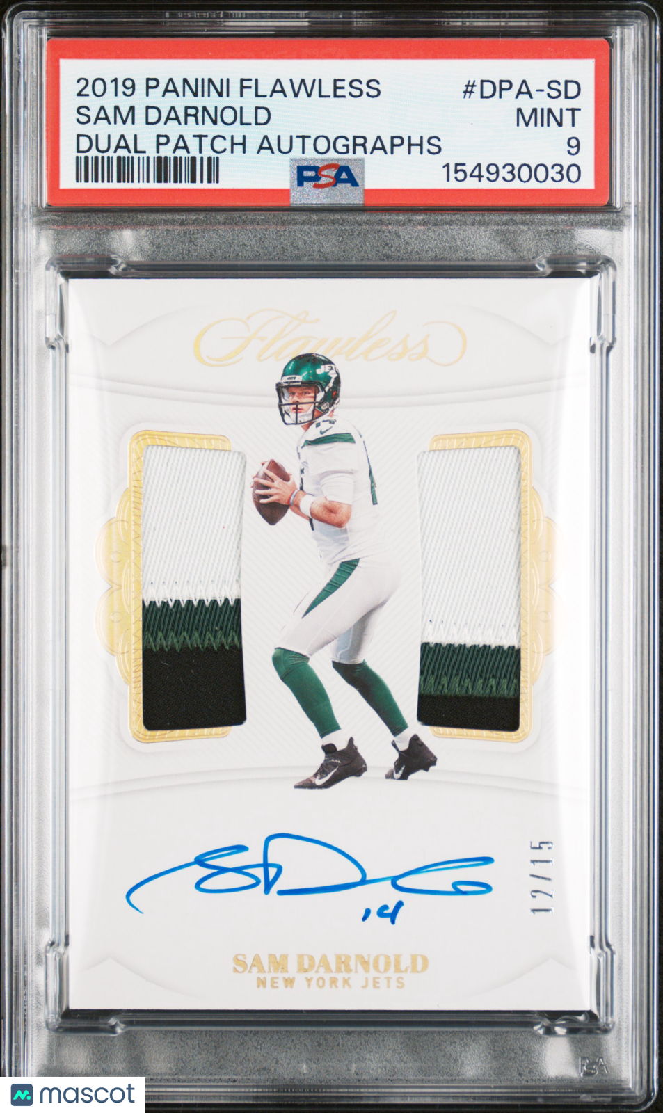 2019 Flawless Dual Patch Autograph Sam Darnold #/15 PSA 9 Mint Pop 1 Auto