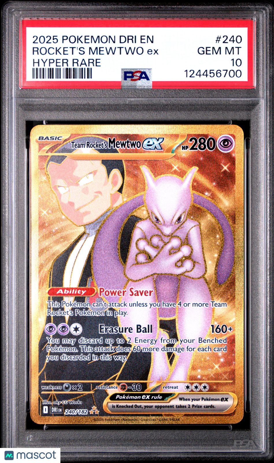 2025 Pokemon Dri EN-Destined Rivals Rocket's Mewtwo EX #240 Fa Hyper Rare PSA 10