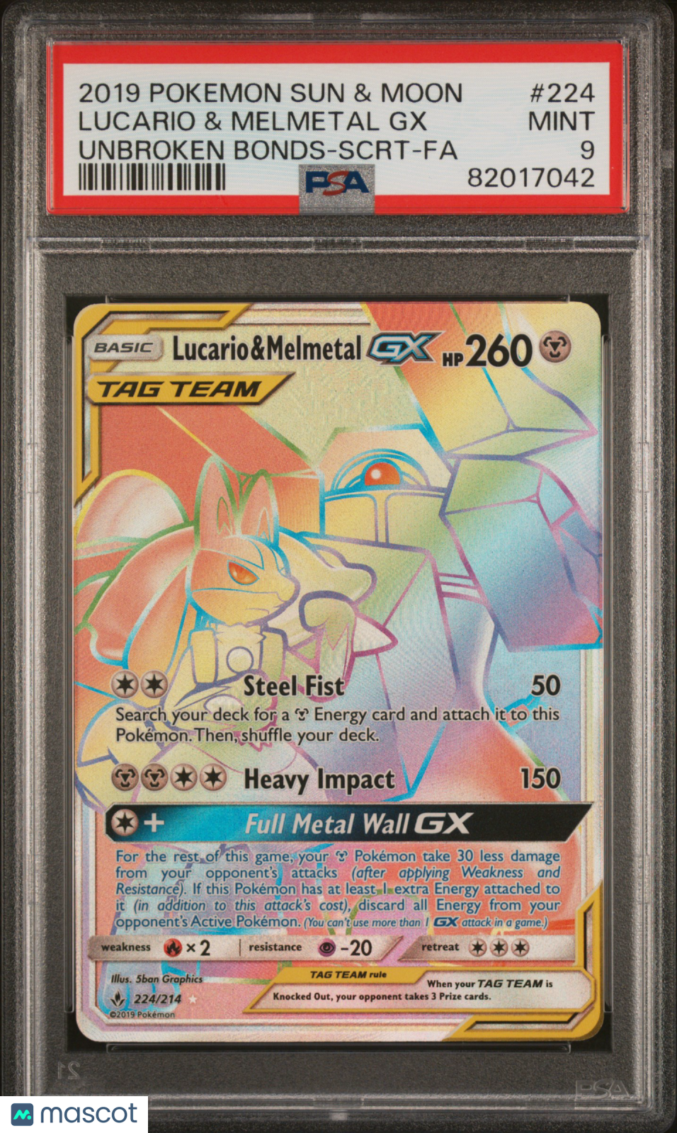 2019 Pokemon SM Unbroken Bonds Lucario Melmetal GX Tag Team Secret Fa PSA 9 #224