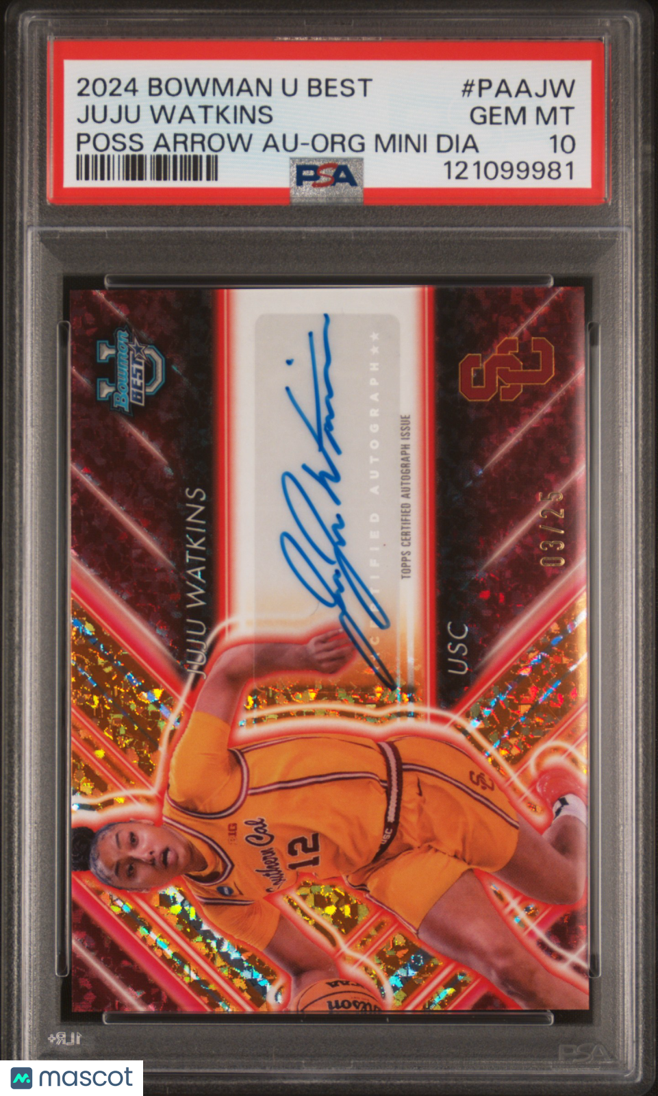 2024 Bowman University Best Auto Juju Watkins Orange Mini Diamond Ref /25 PSA 10