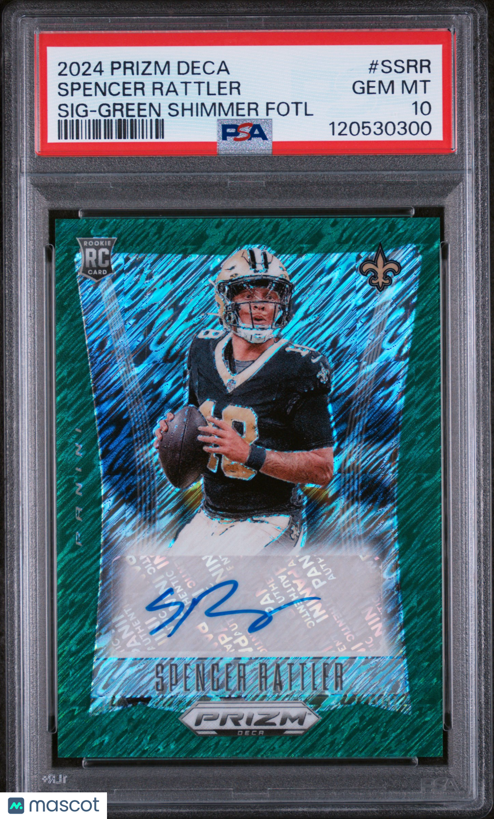 2024 Prizm Deca Sig Spencer Rattler #/25 Green Shimmer Rookie Auto Fotl PSA 10