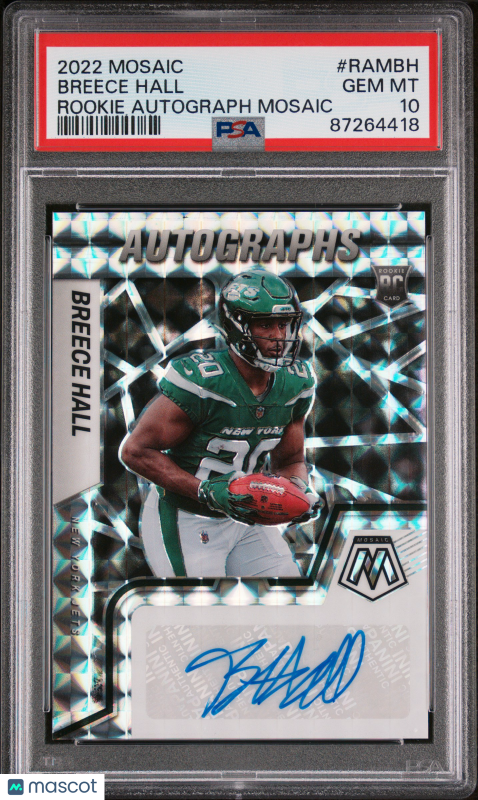 2022 Panini Mosaic Rookie Autograph Silver Mosaic Breece Hall AutoPSA 10