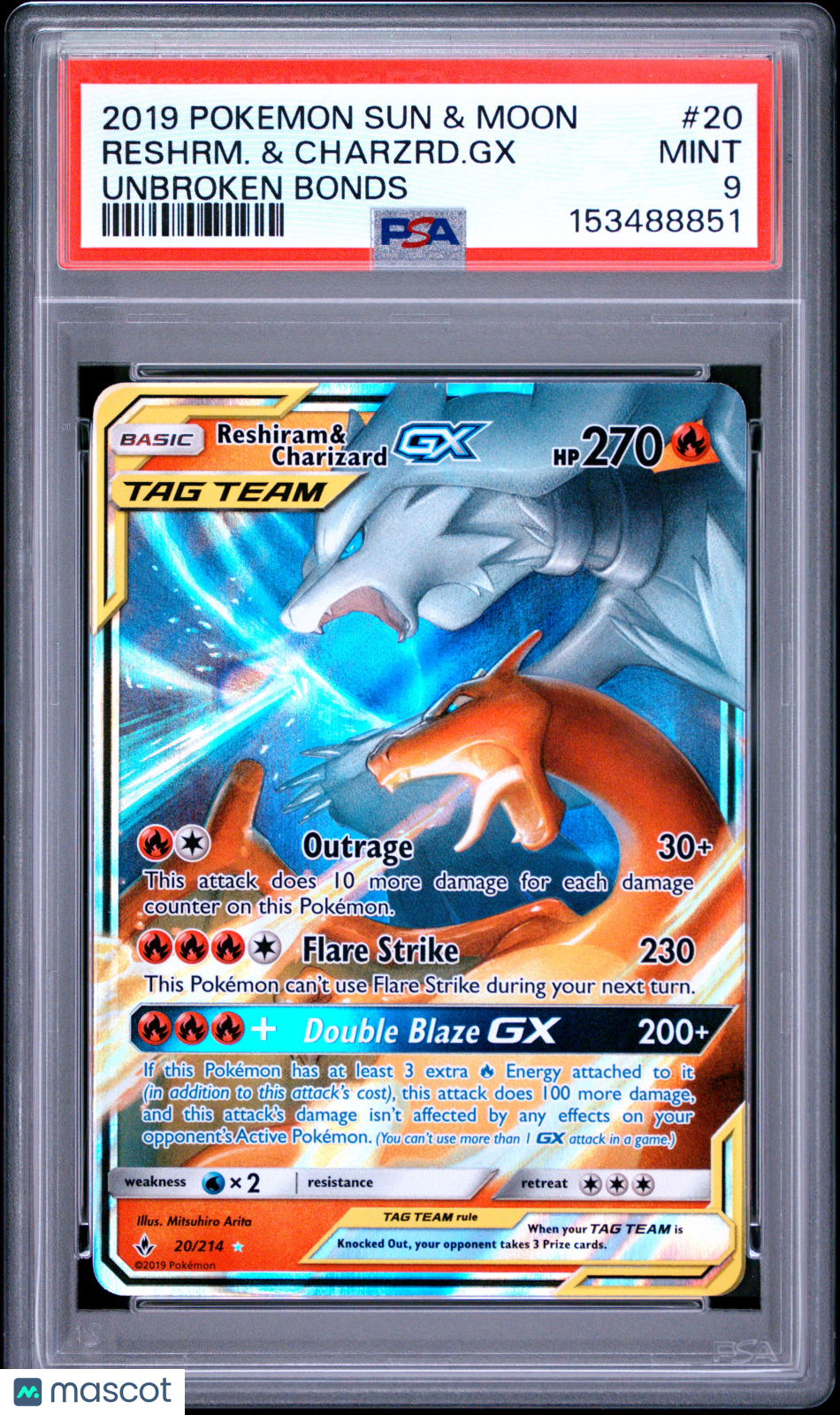 2019 Pokemon Sun & Moon Unbroken Bonds Reshiram Charizard GX PSA 9 #20 Mint