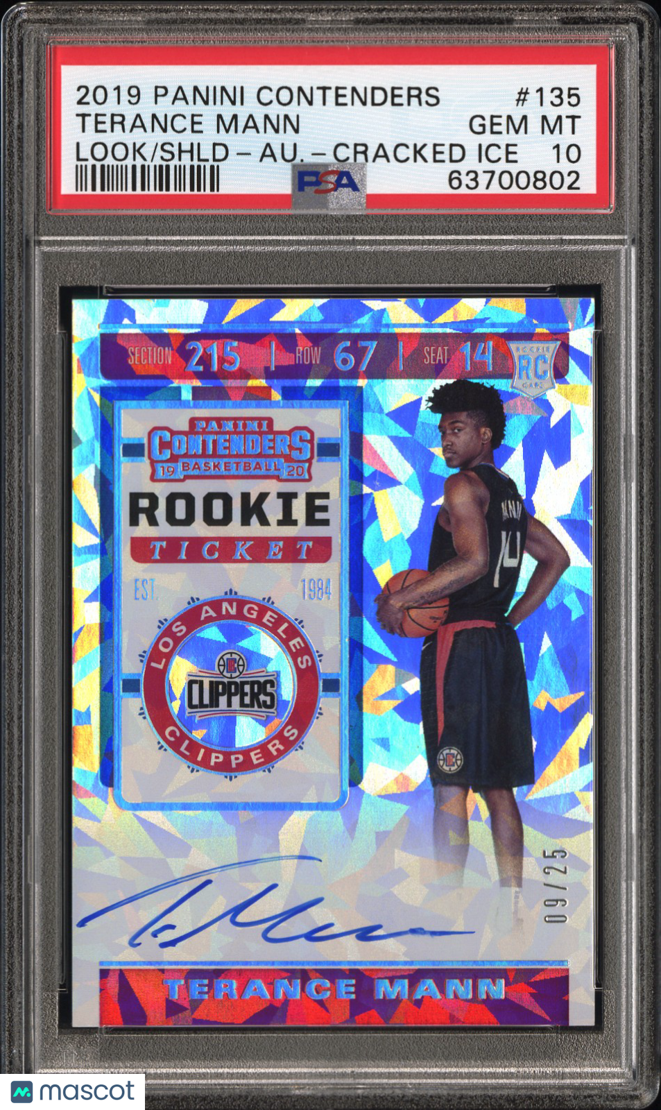 2019 Contenders Terance Mann #135 Rookie Cracked Ice #/25 Auto PSA 10  RC