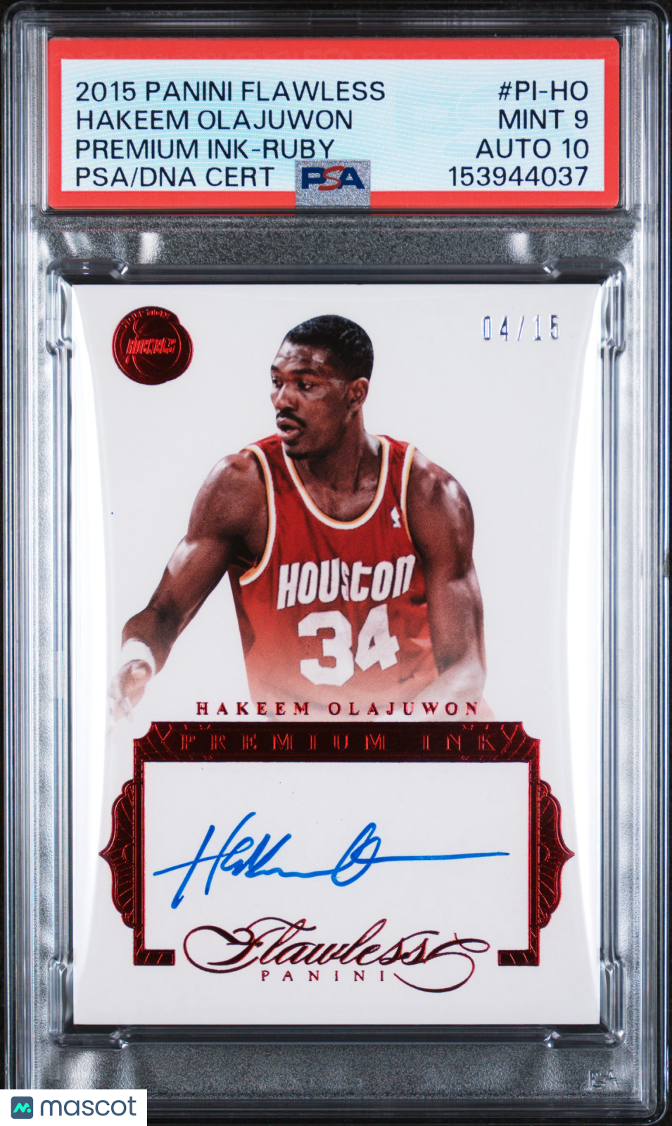2015 Panini Flawless Premium Ink Hakeem Olajuwon Ruby /15 PSA 9 Auto 10 POP 1