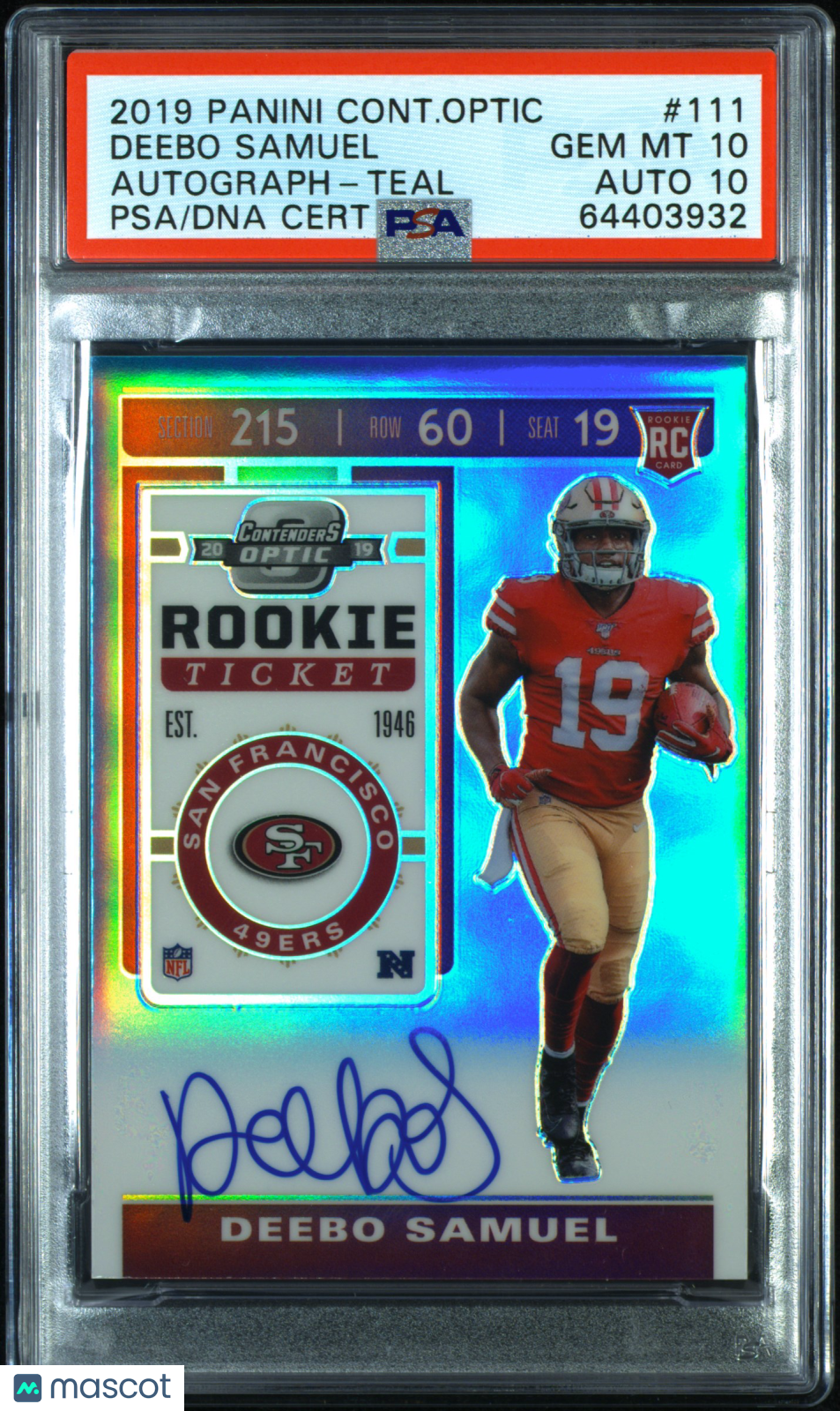 2019 Panini Contenders Optic Deebo Samuel #111 Rookie Teal /149 PSA 10 Auto 10