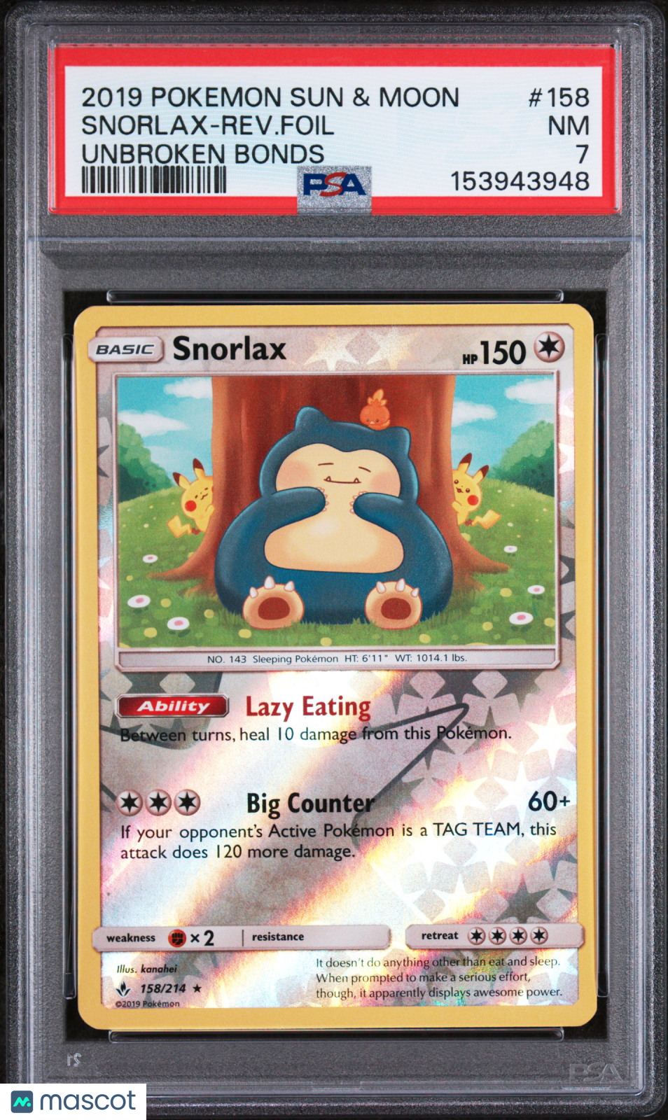 2019 Pokemon Sun & Moon Unbroken Bonds Snorlax-Reverse Foil PSA 7 #158