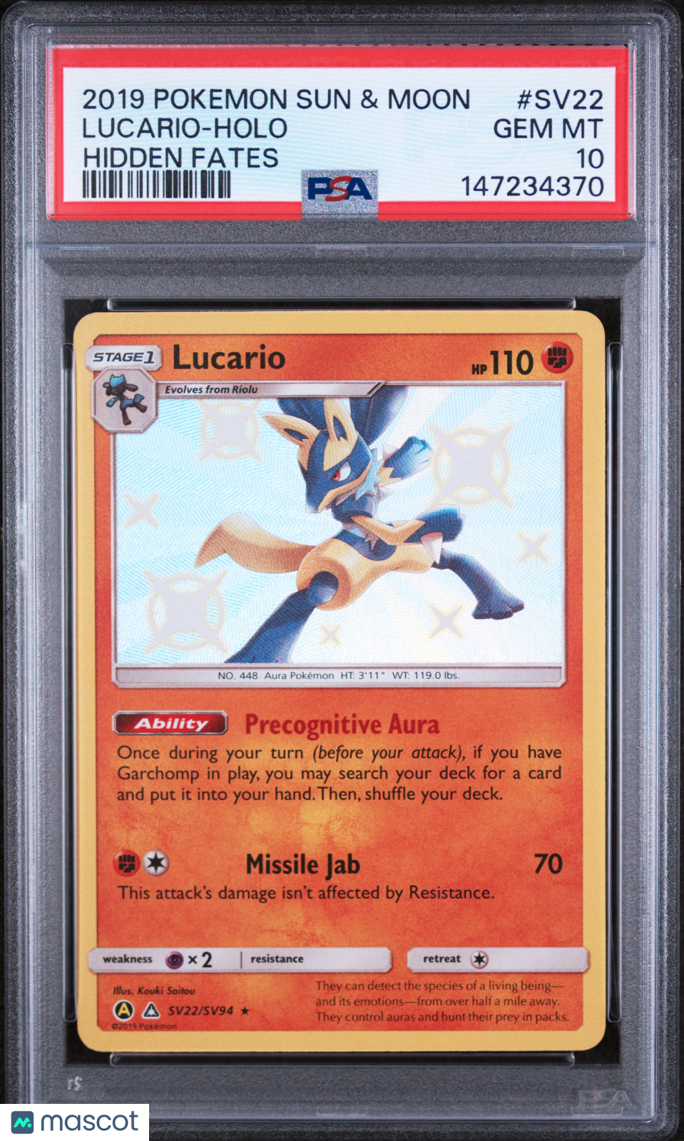 2019 Pokemon Sun & Moon Hidden Fates Lucario Holo PSA 10 #SV22 Gem Mint