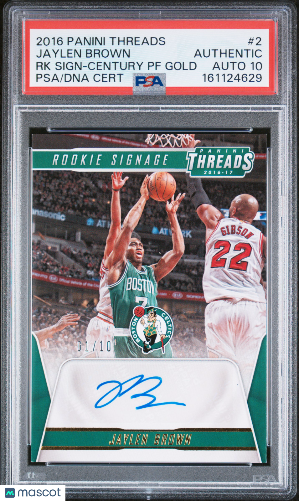 2016 Panini Threads Rookie Signage Jaylen Brown RC Century Gold 1/10 PSA Auto 10