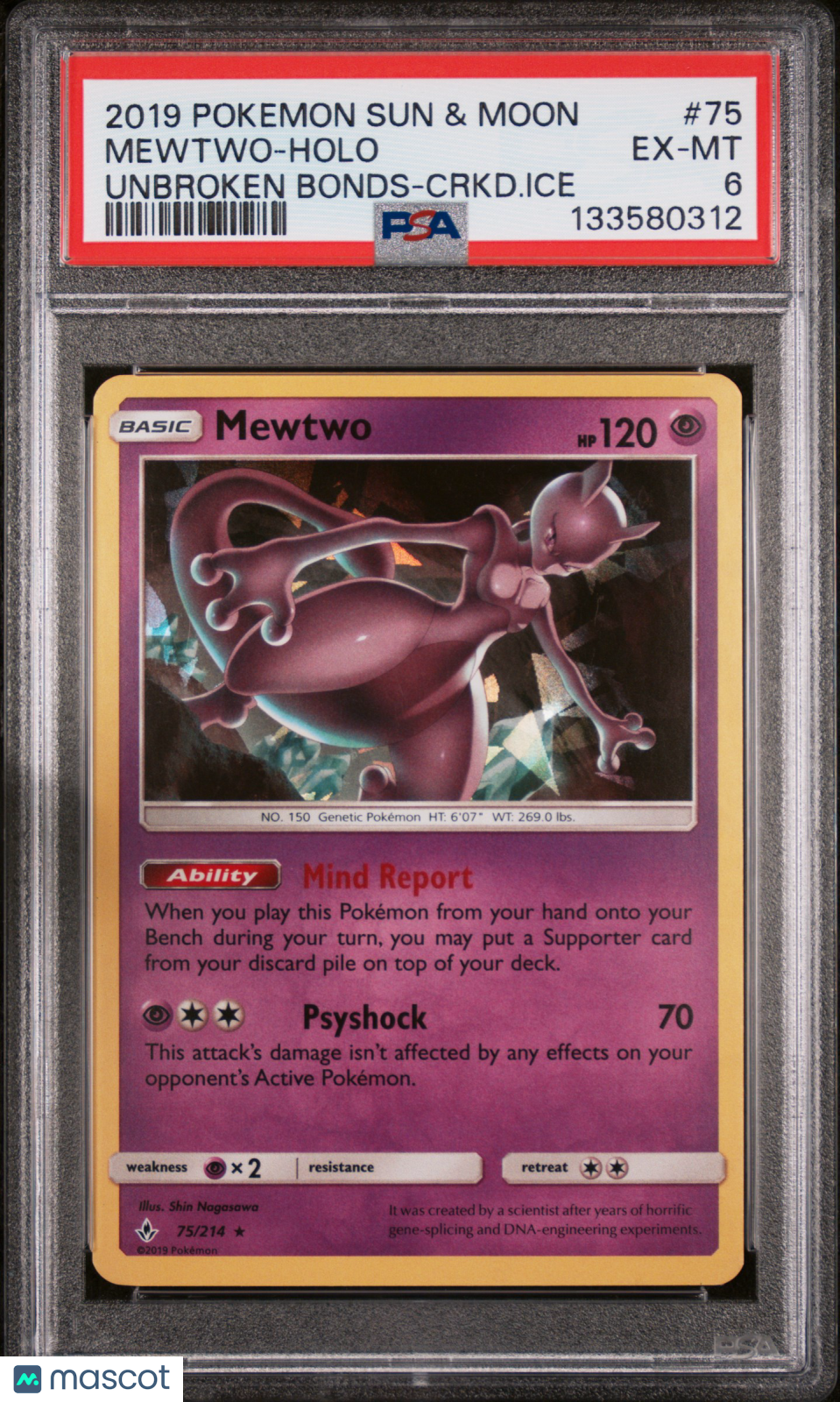 2019 Pokemon Sun & Moon Unbroken Bonds Mewtwo Holo-Cracked Ice PSA 6 #75