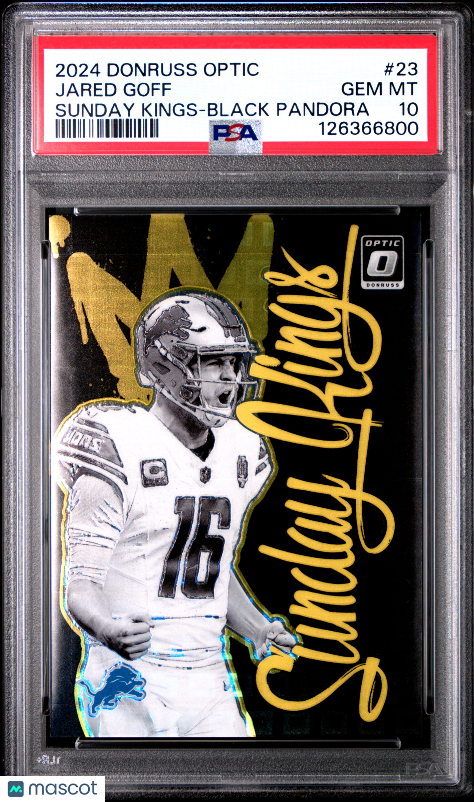 2024 Panini Donruss Optic Sunday Kings Jared Goff #23 Black Pandora /25 Sunday Kings Gem Mint Black pandora Parallel/Variety Highest Pop Low Pop PSA 10