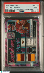 2024 Spectra Building Blocks Relics Jayden Daniels #/15 Rookie Neon Pink PSA 9
