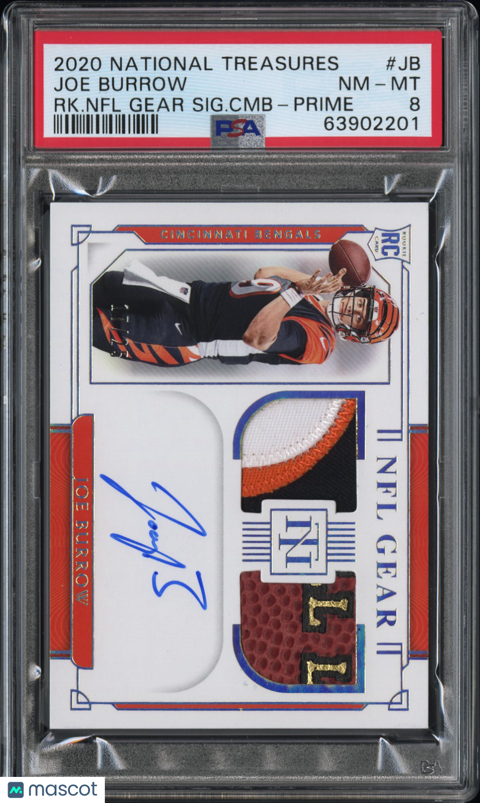 2020 National Treasures Rookie NFL Gear Joe Burrow Prime Auto Patch /25 PSA 8