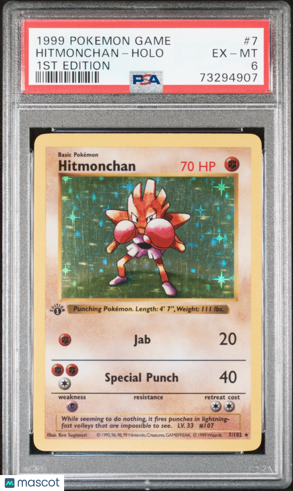 1999 Pokemon Game Hitmonchan #7 1ST Edition PSA 6 Holo