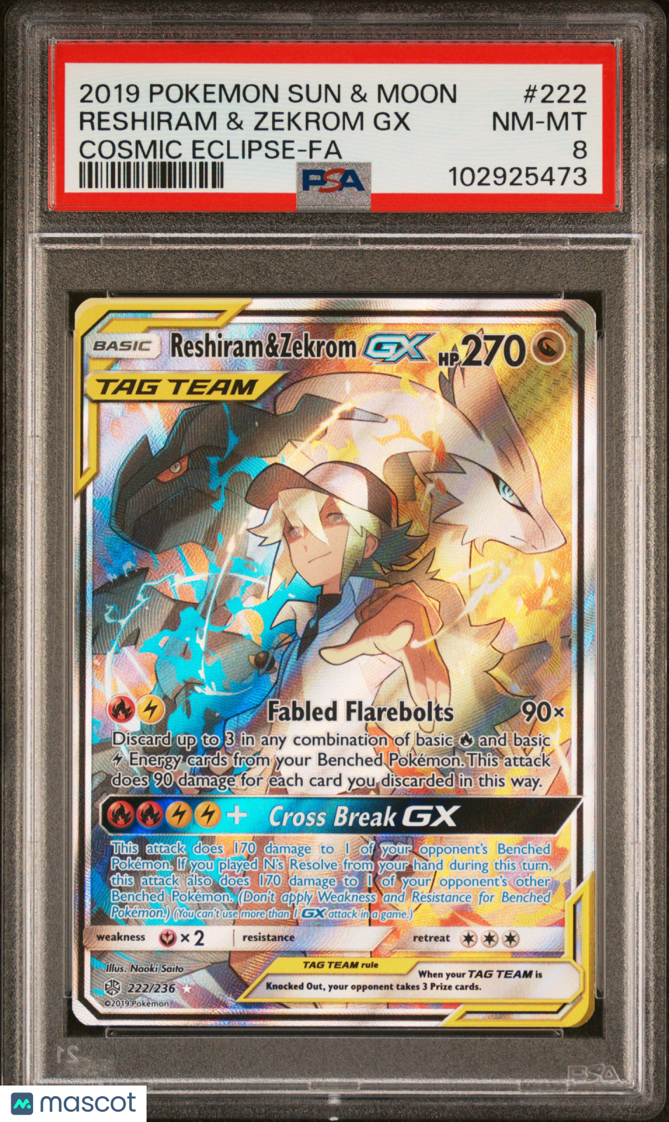 2019 Pokemon Sun Moon Eclipse Reshiram & Zekrom GX #222 Cosmic Eclipse-Fa PSA 8