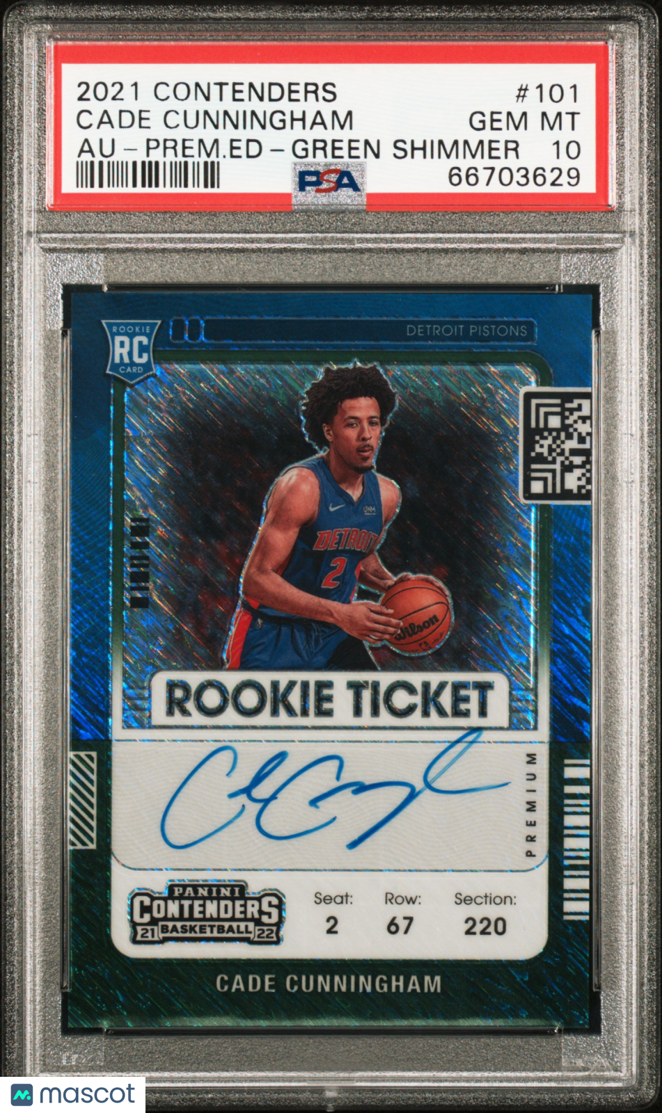 2021 Contenders Cade Cunningham Rookie Auto Blue Green Shimmer Prizm SP PSA 10
