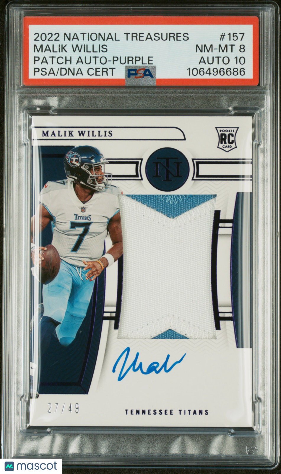 2022 National Treasures Malik Willis 157 Patch 49 Purple Rookie PSA 8/10 Auto