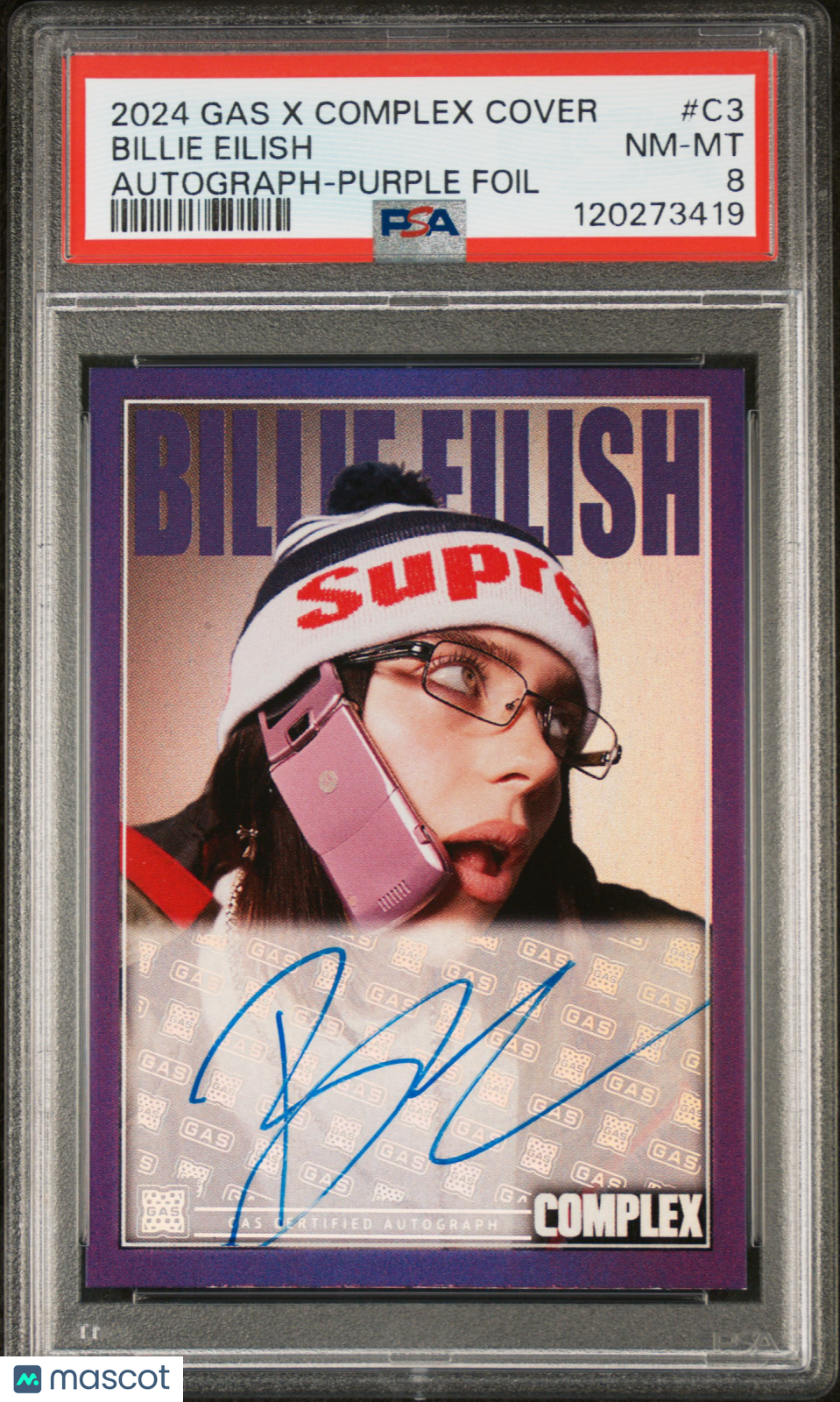 2024 G.A.S. X Complex Cover Billie Eilish Purple Signature Autograph /25 PSA 8
