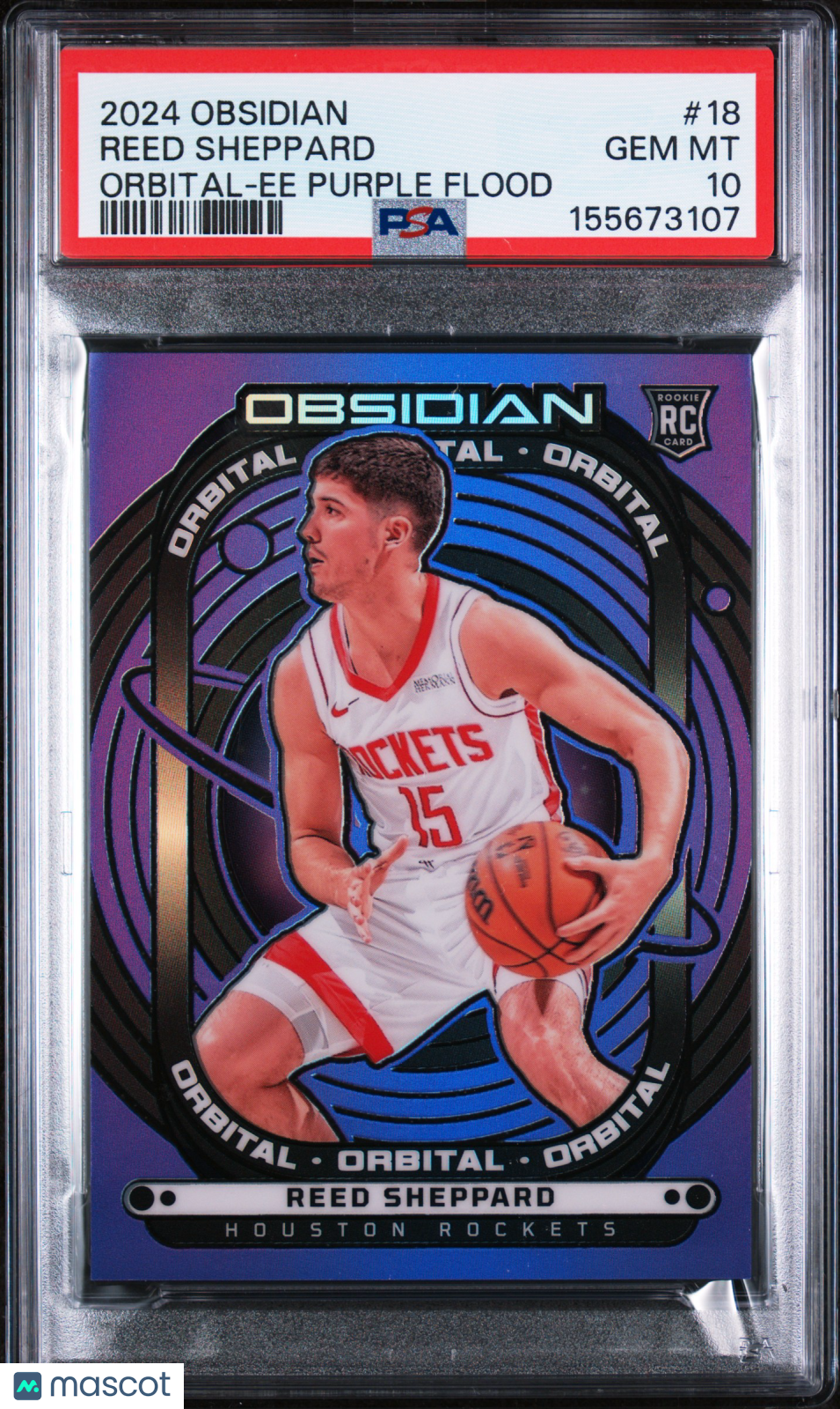 2024 Obsidian Orbital Reed Sheppard Rookie Purple Flood Jersey Num 15/75 PSA 10