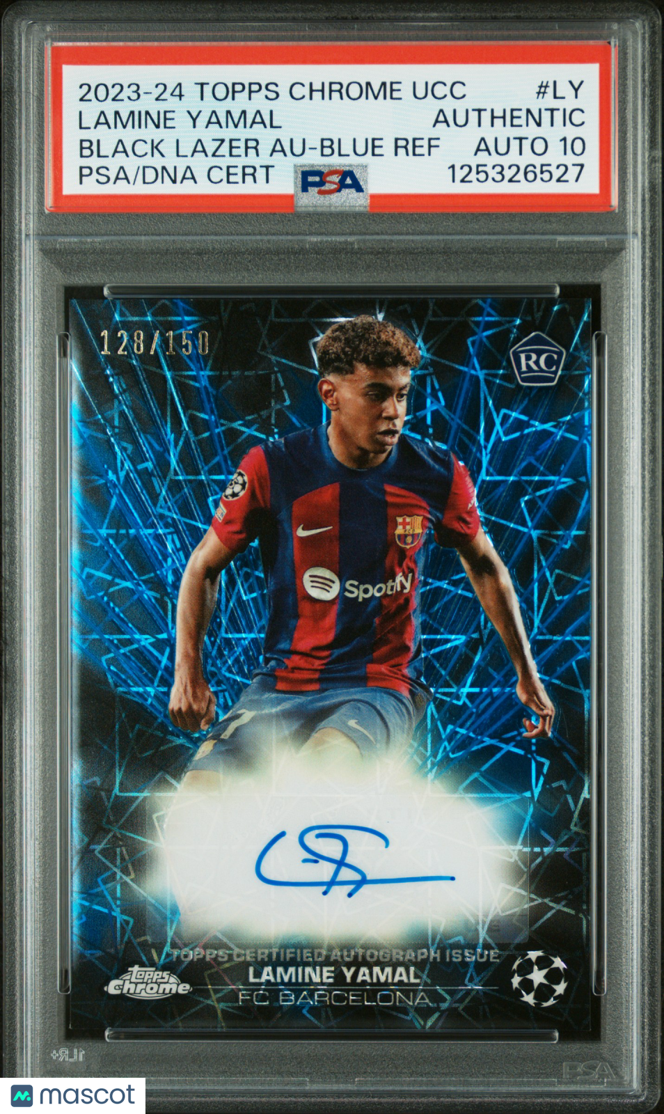 2023 Topps Chrome UEFA Black Lazer Rookie Lamine Yamal Blue Ref /150 PSA Auto 10
