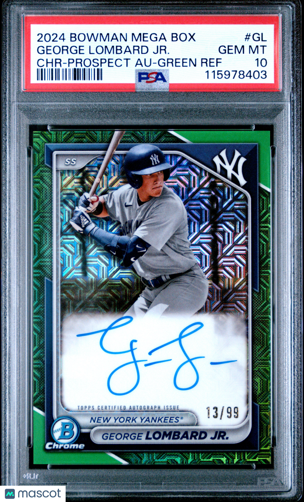 2024 Bowman Mega Box Chrome Mega Auto George Lombard Green RC Ref 13/99 PSA 10
