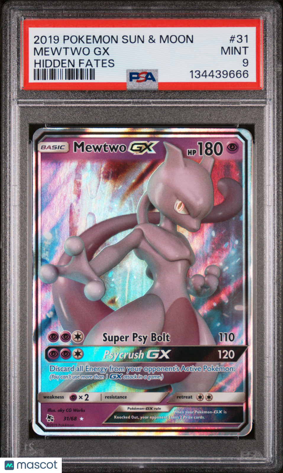 2019 Pokemon Sun & Moon Hidden Fates Mewtwo GX Holo Holo Full Art PSA 9 #31