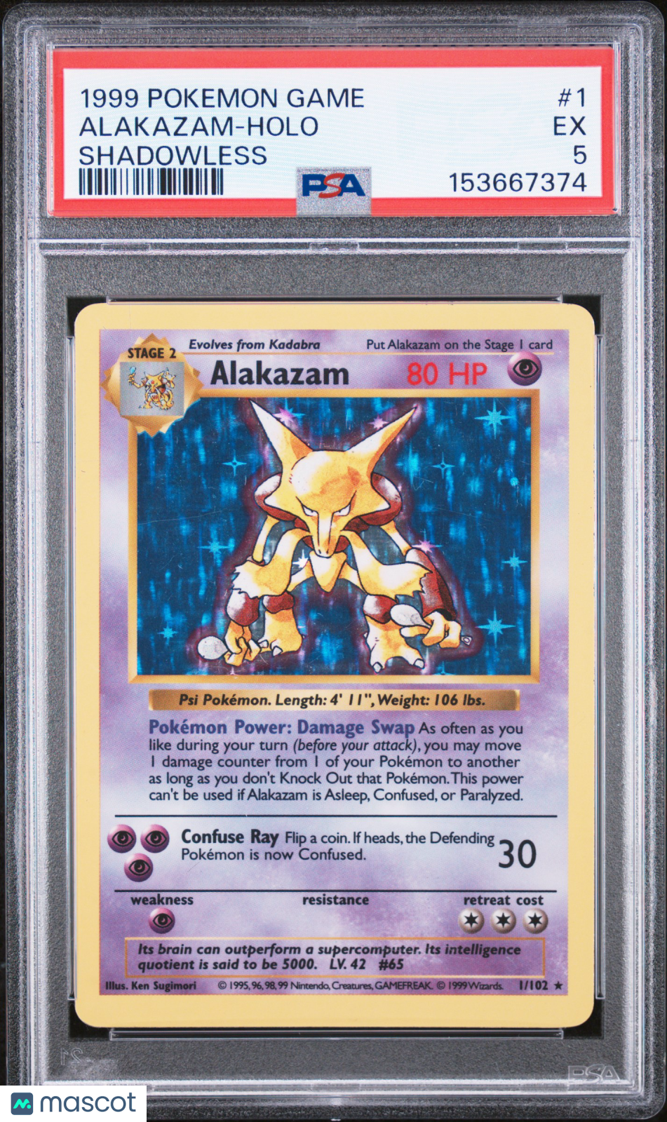 1999 Pokemon Game Alakazam Holo Holo Shadowless PSA 5 #1