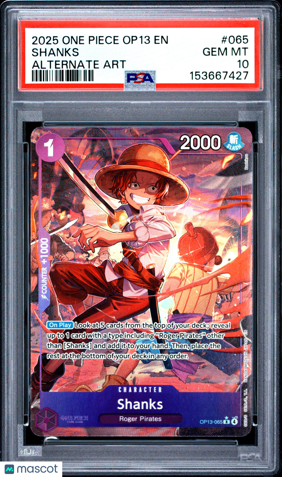 2025 One Piece Op13-Carrying On His Will Shanks Alternate Art PSA 10 #065 Gem