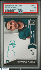 2020 Donruss Elite Pen Pals Jalen Hurts Green Ink SP/10 PSA 7 Rookie Eagles