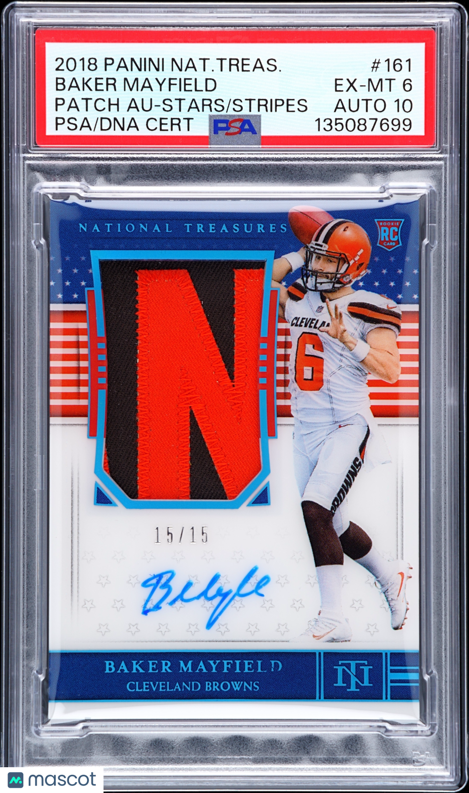 2018 National Treasures Baker Mayfield Patch Stars Stripes 15/15 PSA 6/10 Auto