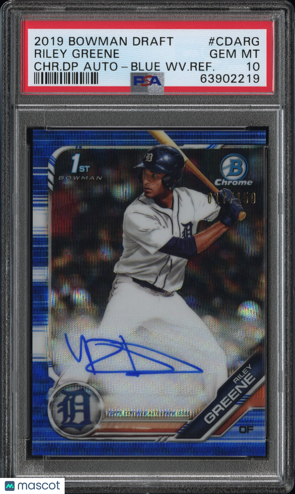 2019 Bowman Chrome DP Autograph Riley Greene Blue Wave Refractor /150 PSA 10