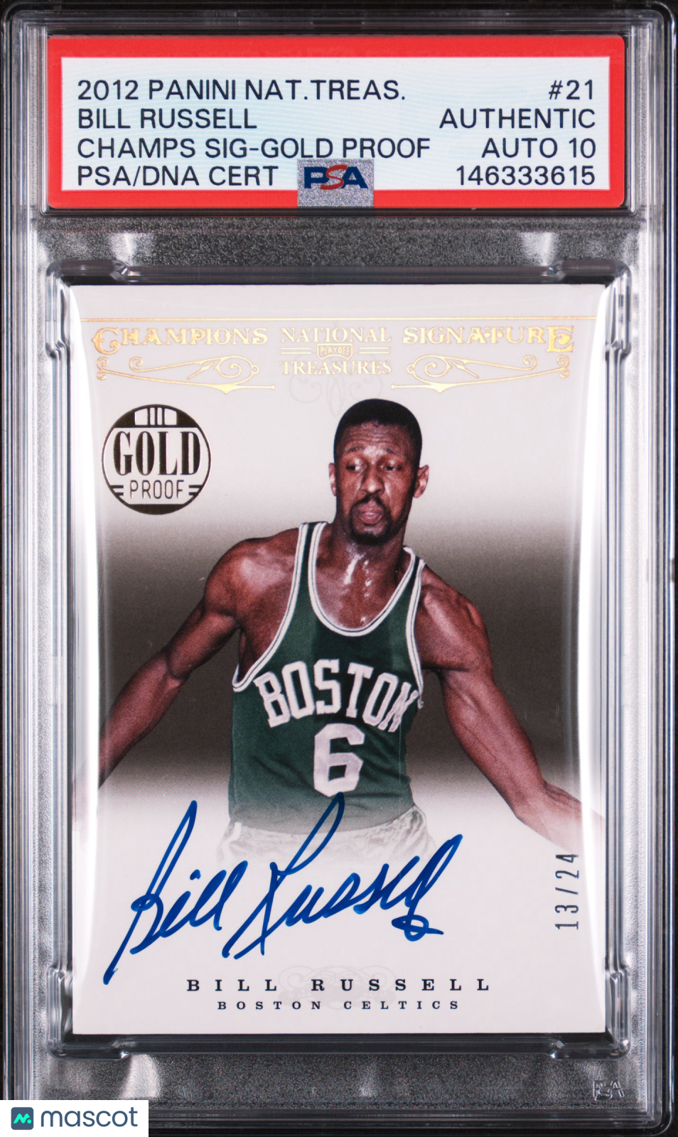 2012 National Treasures Champions Bill Russell #21 Champs Gold P /24 PSA Auto 10