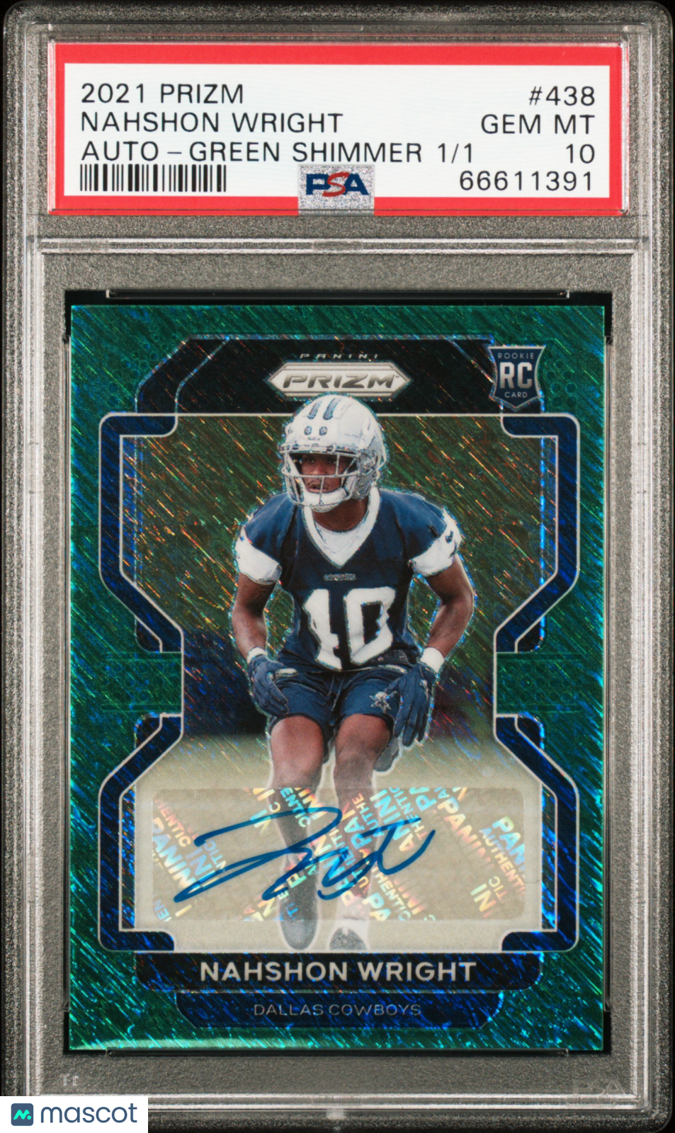2021 Prizm Nahshon Wright #438 Rookie Auto Green Shimmer #1/1 PSA 10