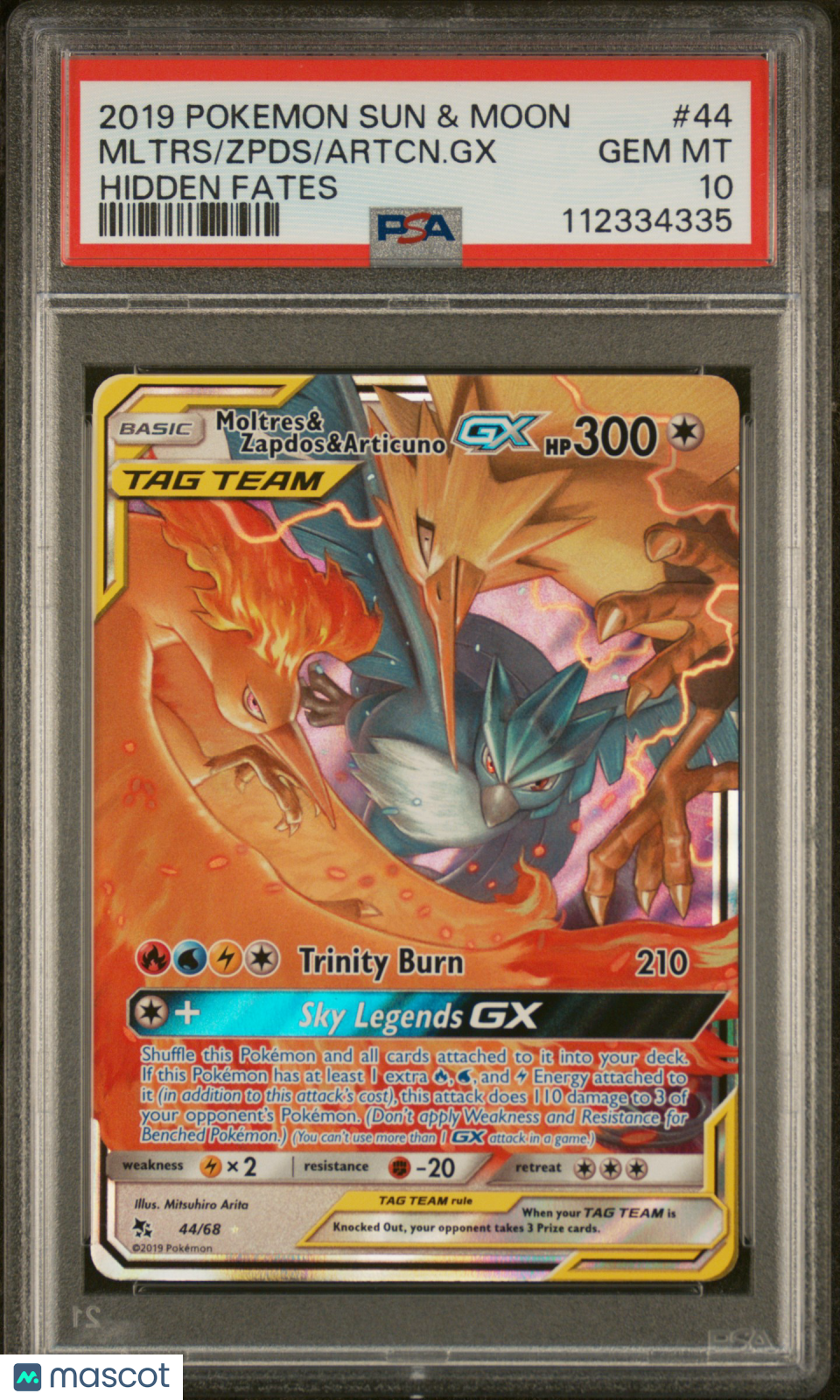 2019 Pokemon Sun & Moon Hidden Fates Articuno GX Zappos Moltres #44 PSA 10