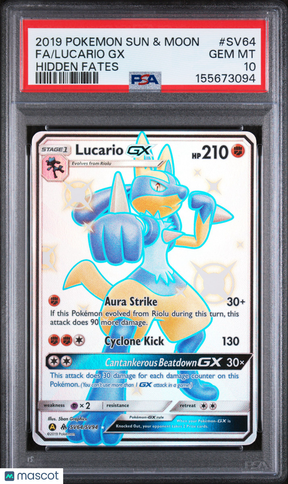 2019 Pokemon Sun & Moon Hidden Fates Lucario GX Full Art PSA 10 #SV64 Gem