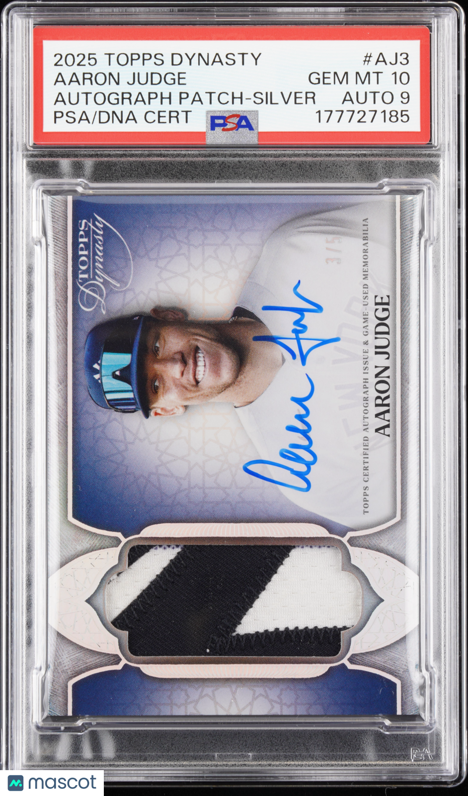 2025 Topps Dynasty Autograph Patch Aaron Judge Silver #/5 Pop 1 PSA 10 Auto 9