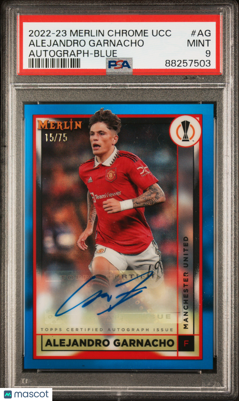 2022 Topps Merlin Chrome UEFA Auto Alejandro Garnacho Blue Refractor /75 PSA 9