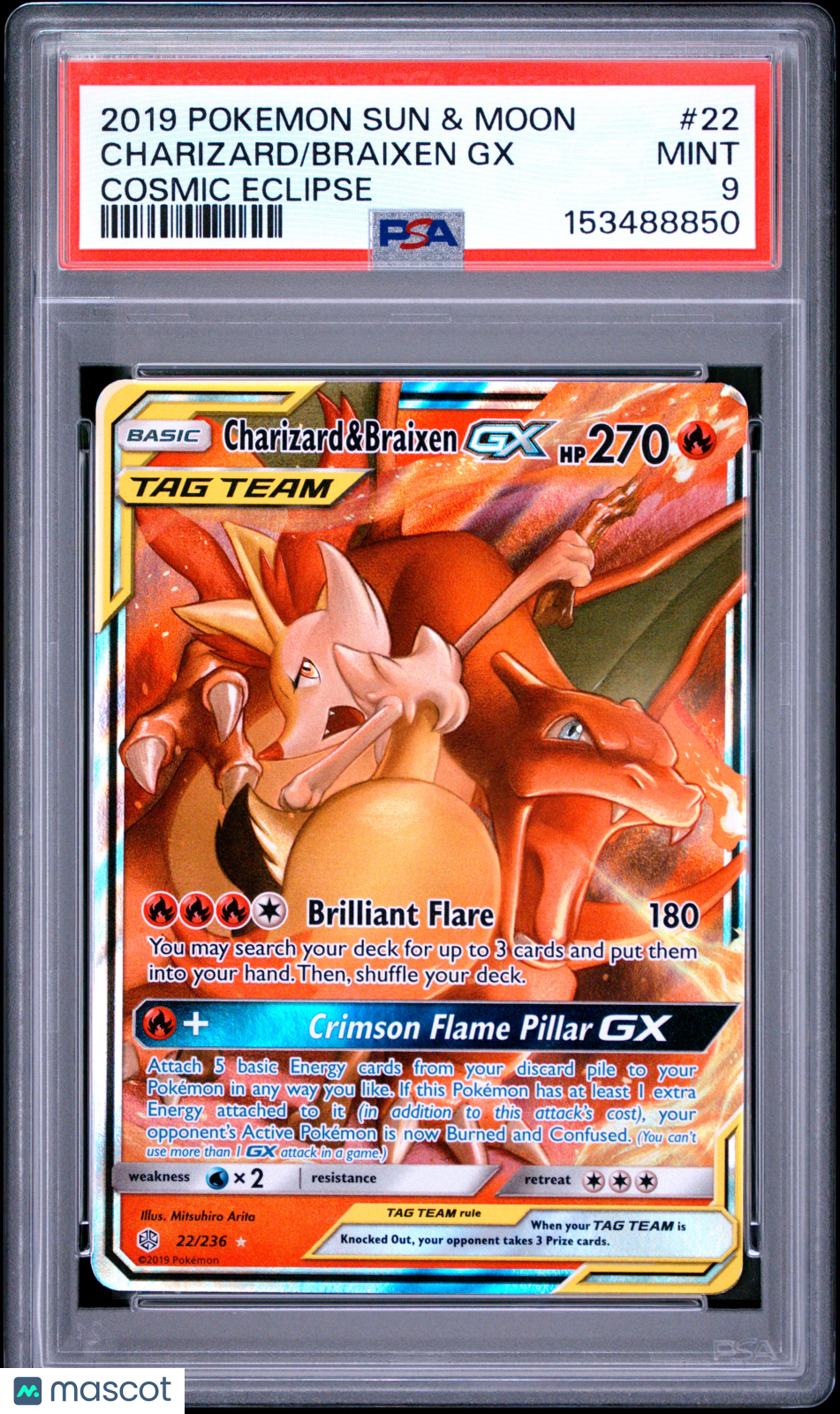 2019 Pokemon Sun Moon Cosmic Eclipse Braixen GX Charizard FA Tag Team PSA 9 #22