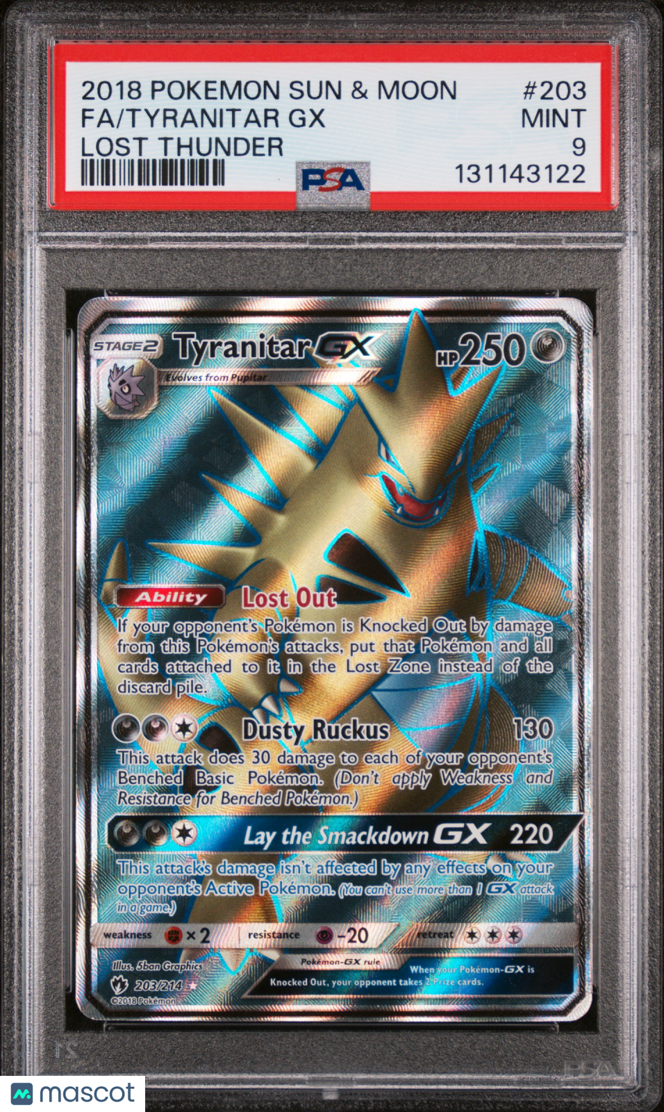 2018 Pokemon Sun & Moon Lost Thunder Tyranitar GX Full Art Mint PSA 9 #203